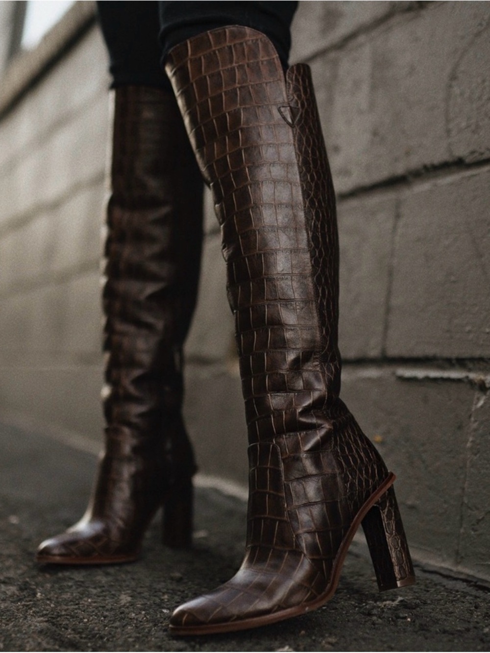 Vince Camuto Dark Brown Croc-Embossed Over-the-Knee Block Heel Boots